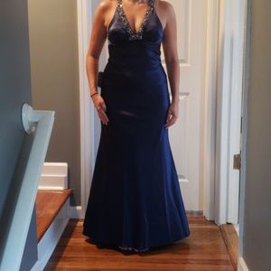 Xscape midnight blue floor length gown